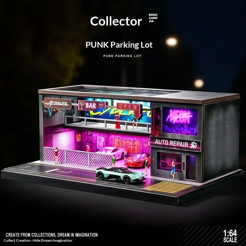 1/64 Scale Punk Parking Lot Diorama With LED Light Mini Car Garage Display Scene Assembly Model Neon Street View Toy Gift For