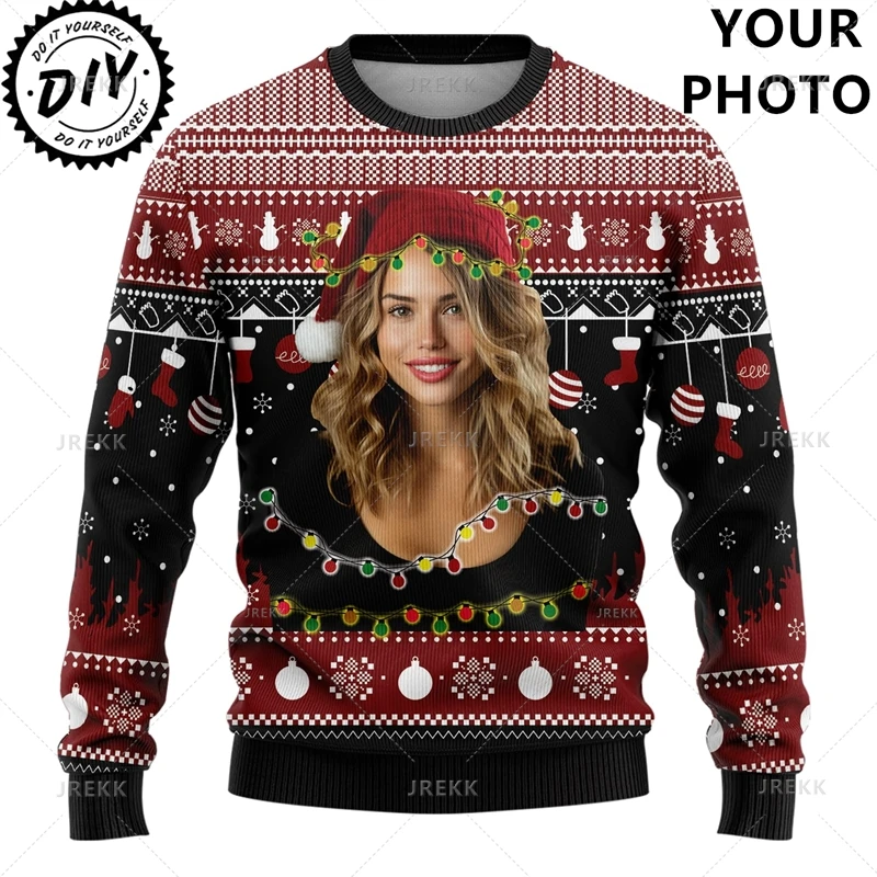 Photos Ugly Christmas Sweaters - Custom Picture Mens Sweater Xmas Holiday Crew Neck Sweatshirt Merry Christmas Sweatshirts Tops