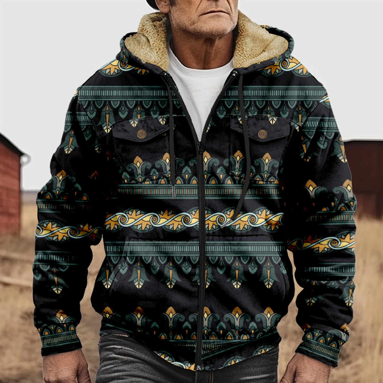 Chaquetas cálidas de forro polar grueso para hombre, abrigos abotonados con cuello vuelto y estampado de patrón Vintage, ropa de abrigo para