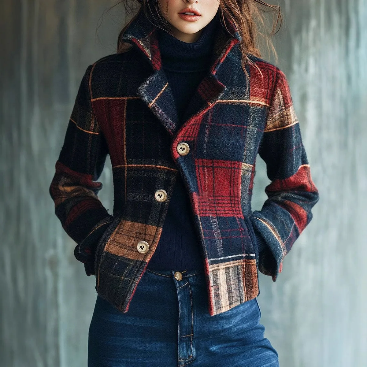 Autumn Winter Versatile Spliced ​​Button Suit Ropa Formal Mujer Vestes Femmes Plaid Print Women's Suit Collar Retro Warm Jacket