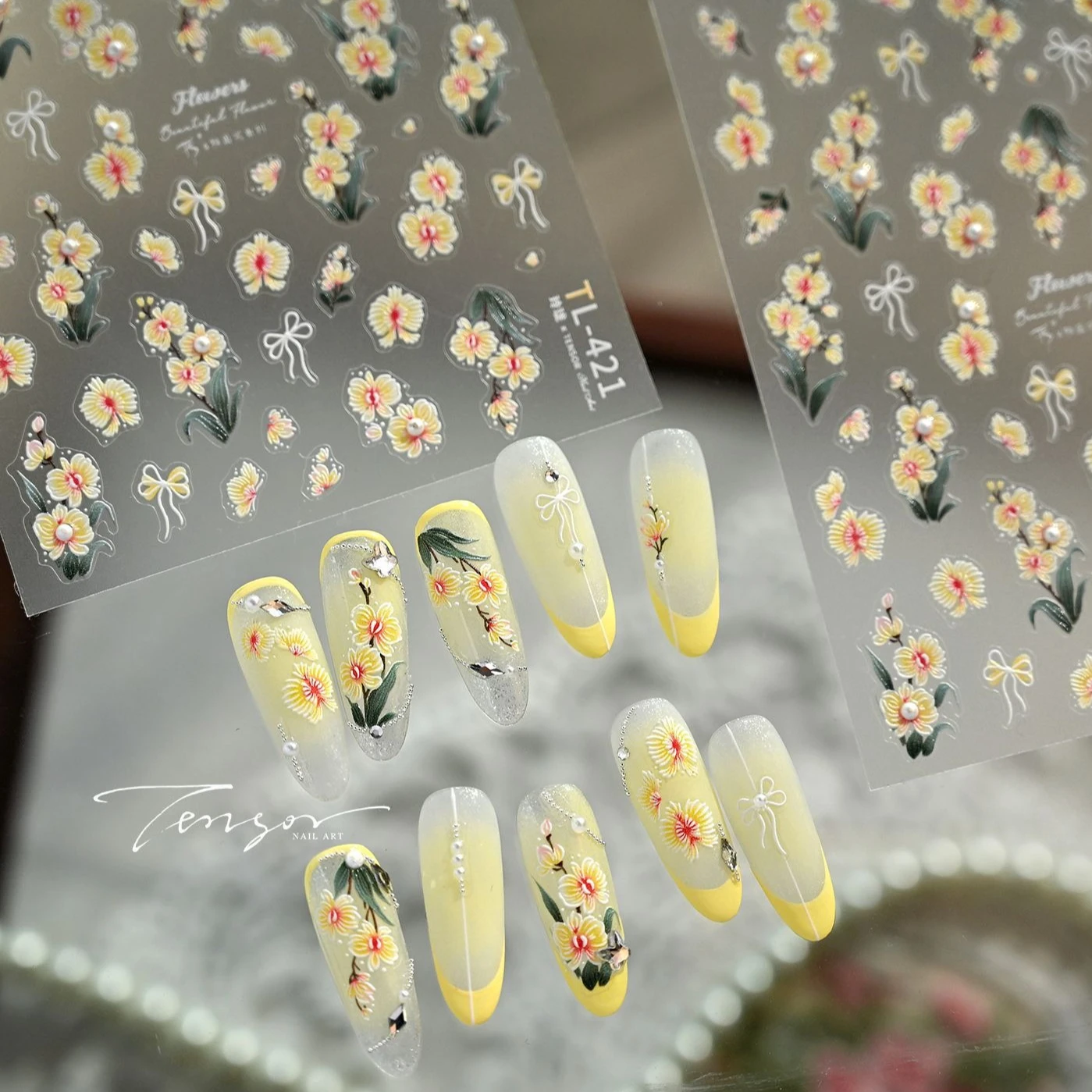 Autocollants de décoration pour ongles, fleur jaune clair, nœud papillon, pétale brodé, feuille de Rose, bourgeon de fleur de pêche, perle, DIY bricolage