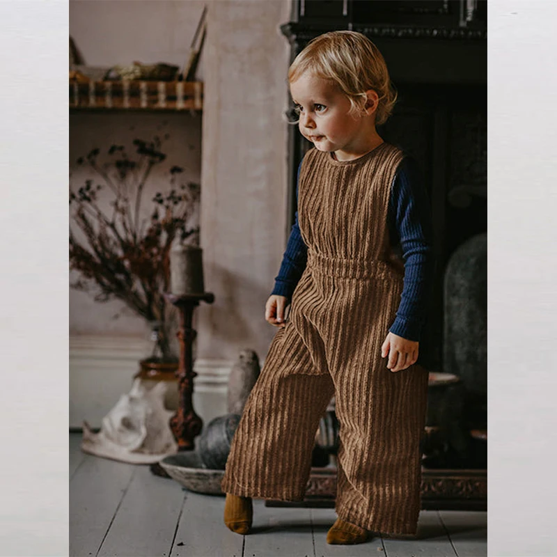 100% Vintage Style Cotton Children\'s Corduroy Jumpsuit Winter New Elastic Waist Loose Wide Leg Pants Kids Overalls TZ366