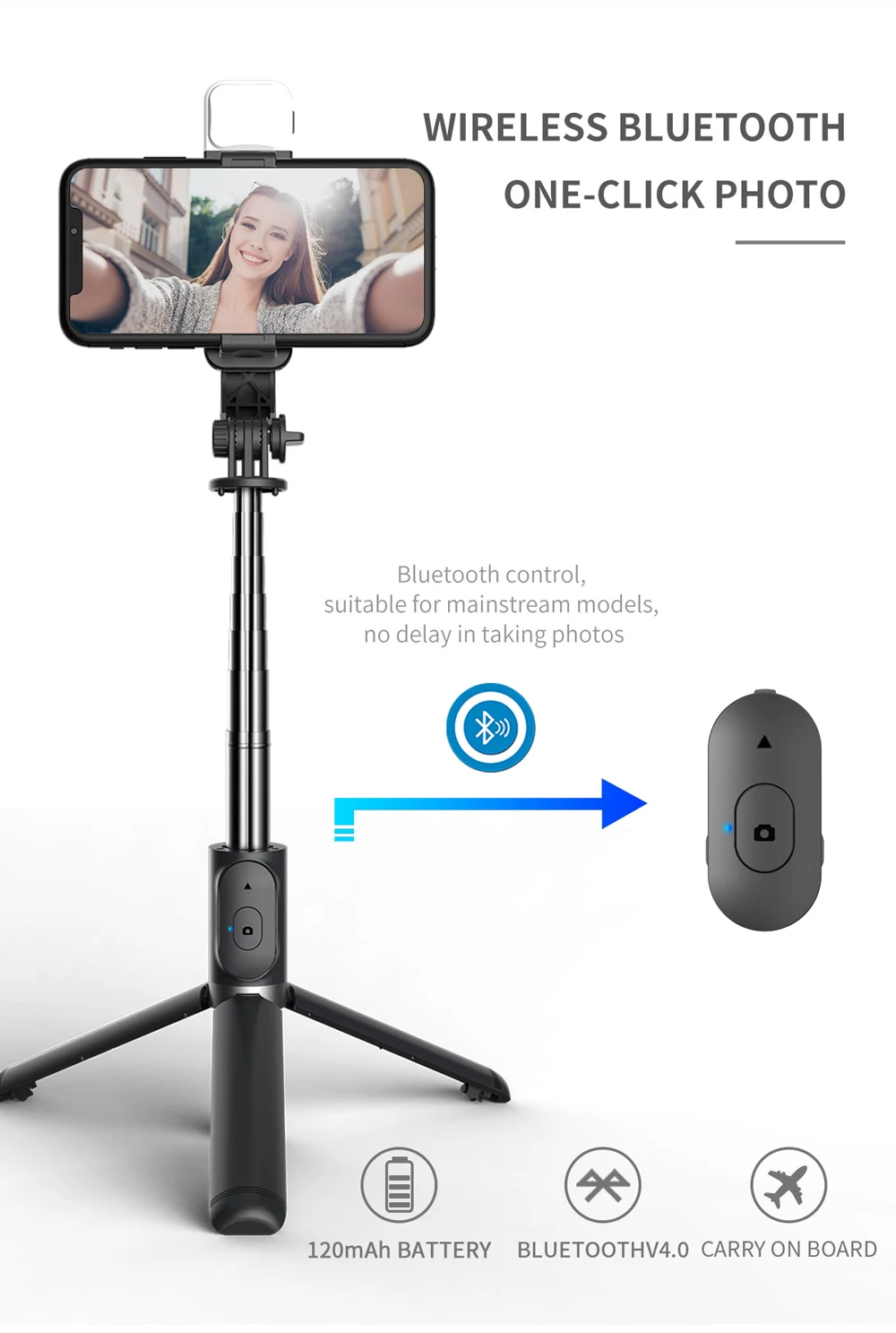 Sem fio Bluetooth Selfie Stick, tripé com controle remoto, tripé extensível com luz LED, destacável, iPhone, Smartphone Android, novo