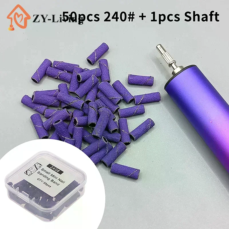 50PCS Tapered Nail Sanding Bands With Metal Mandrel, Purple 240 Fine Grit Sanding Bands For Nail Drill Manicure