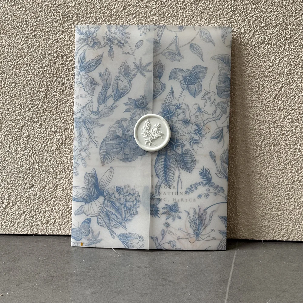 25pcs Blue green or pink flower Vellum  Wrap suitable for a 5 x 7 Wedding Invitation