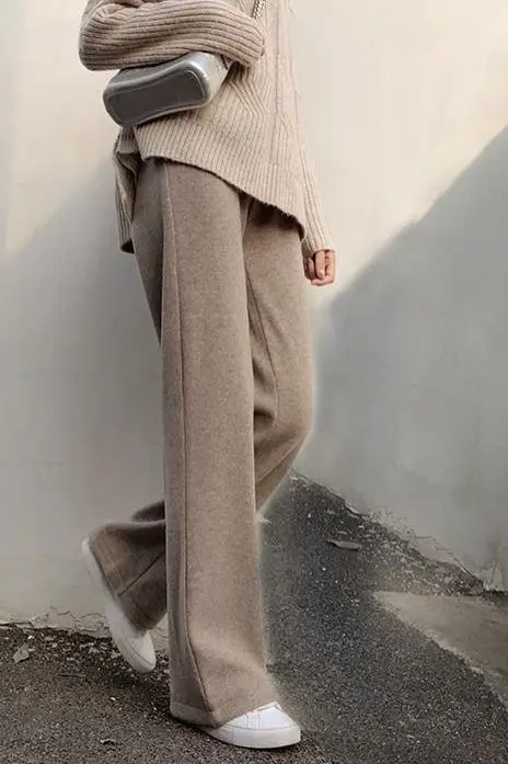 

Утолщенные трикотажные брюки длиной до пола, осенние и зимние новые свободные прямые повседневные широкие брюки с высокой талией, женские XT1652