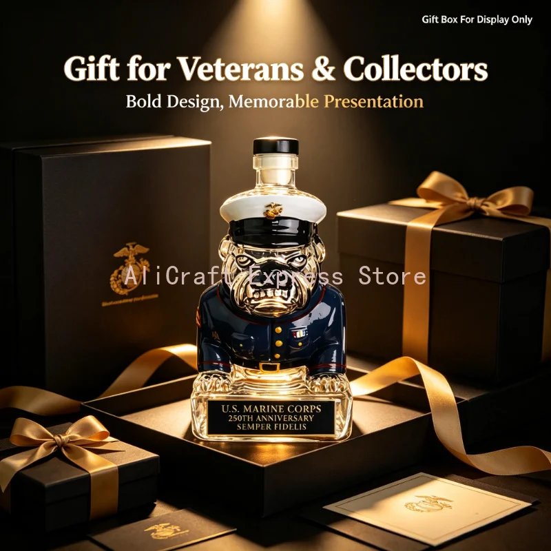 Semper Fidelis Bulldog USMC Glass Whiskey Decanter Clear Spirit Bottle Military Collectible Gift for Veteran