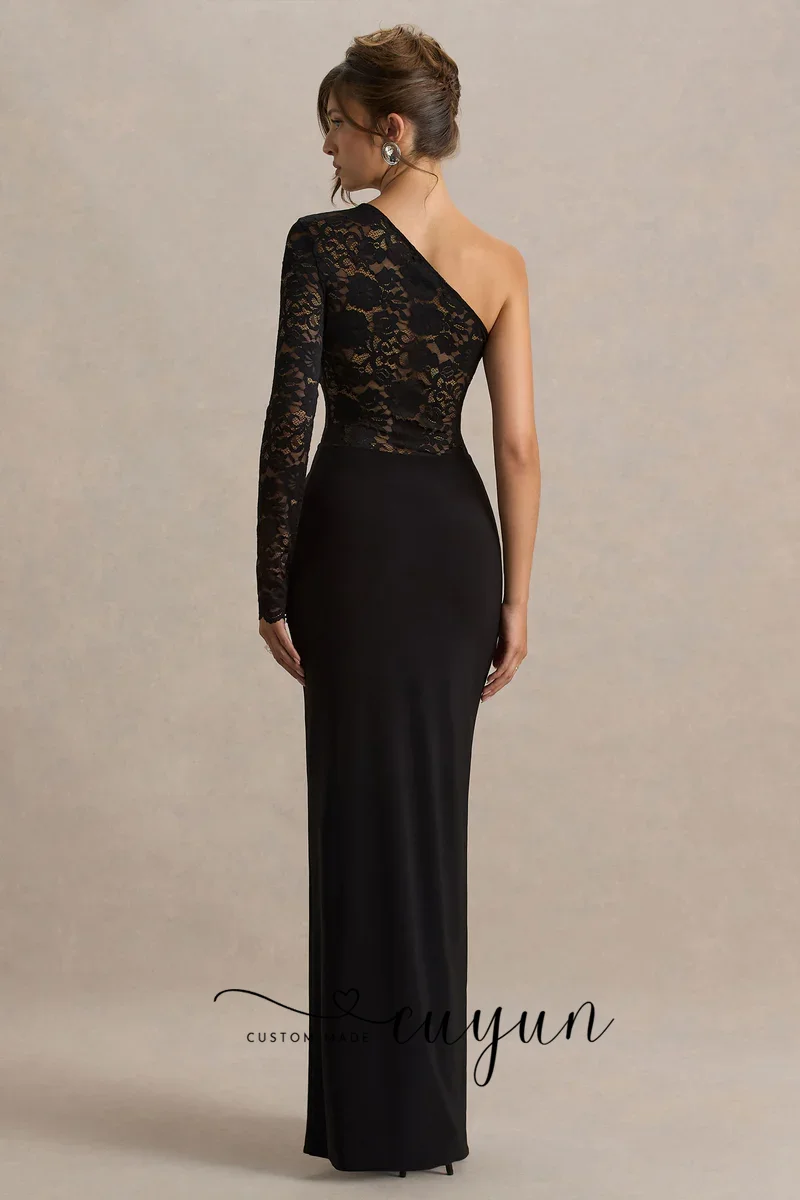 CUYUN 맞춤형 원숄더 레이스 긴 소매 이브닝 디너 드레스 슬릿 섹시 우아한 웨딩 파티 드레스 게스트용