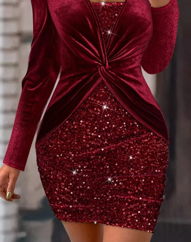 Women Dresses 2023 Autumn Fashion New Asymmetrical Neck Long Sleeve Velvet Contrast Sequin Twisted Sexy Party Mini Bodycon Dress