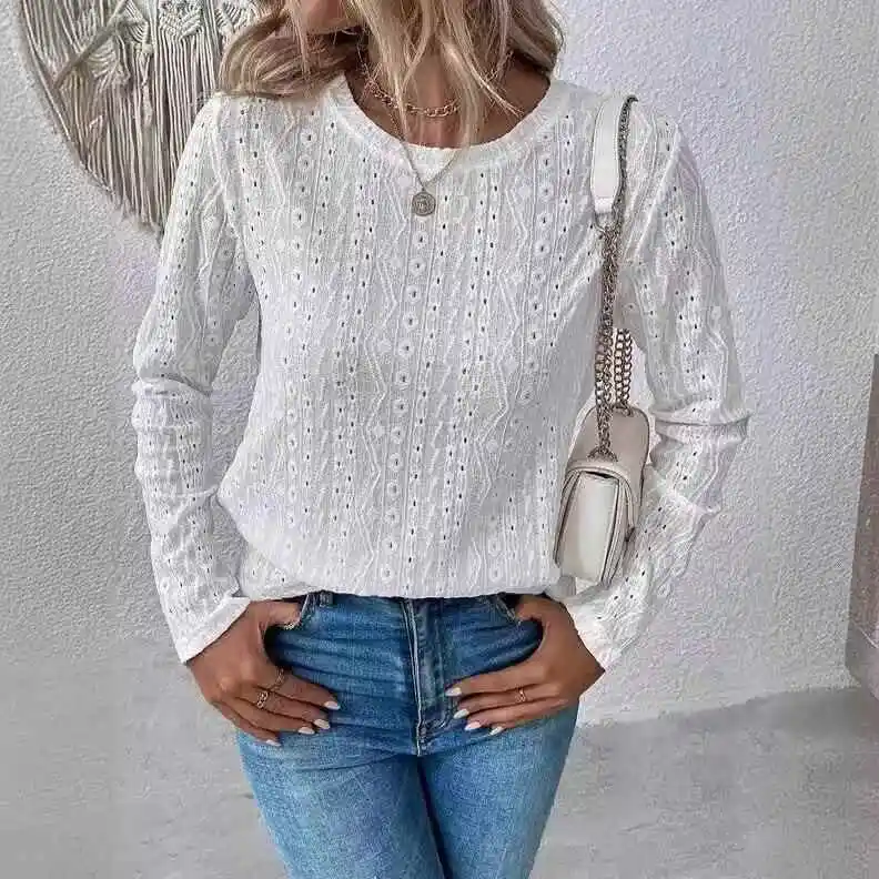 

Long ort Sved Hollowed out irt T Women's Lace round Ne Long Sve Color Polyester T-irt Spring Season Faion