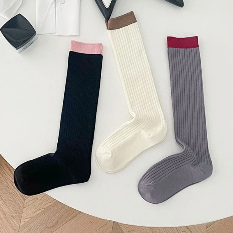 

3 цвета, женские чулки, одинаковые вязаные хлопковые эластичные длинные носки, женские школьные гольфы для девочек, чулки в студенческом стиле