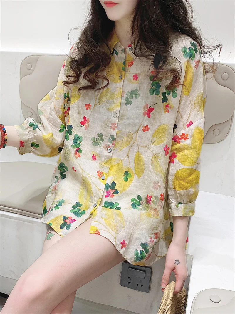 Vintage Summer Shirts & Blouses Apricot Floral Printing Long Sleeve Single Breasted Women\'s Blouse Shirt Female Clothing Tops