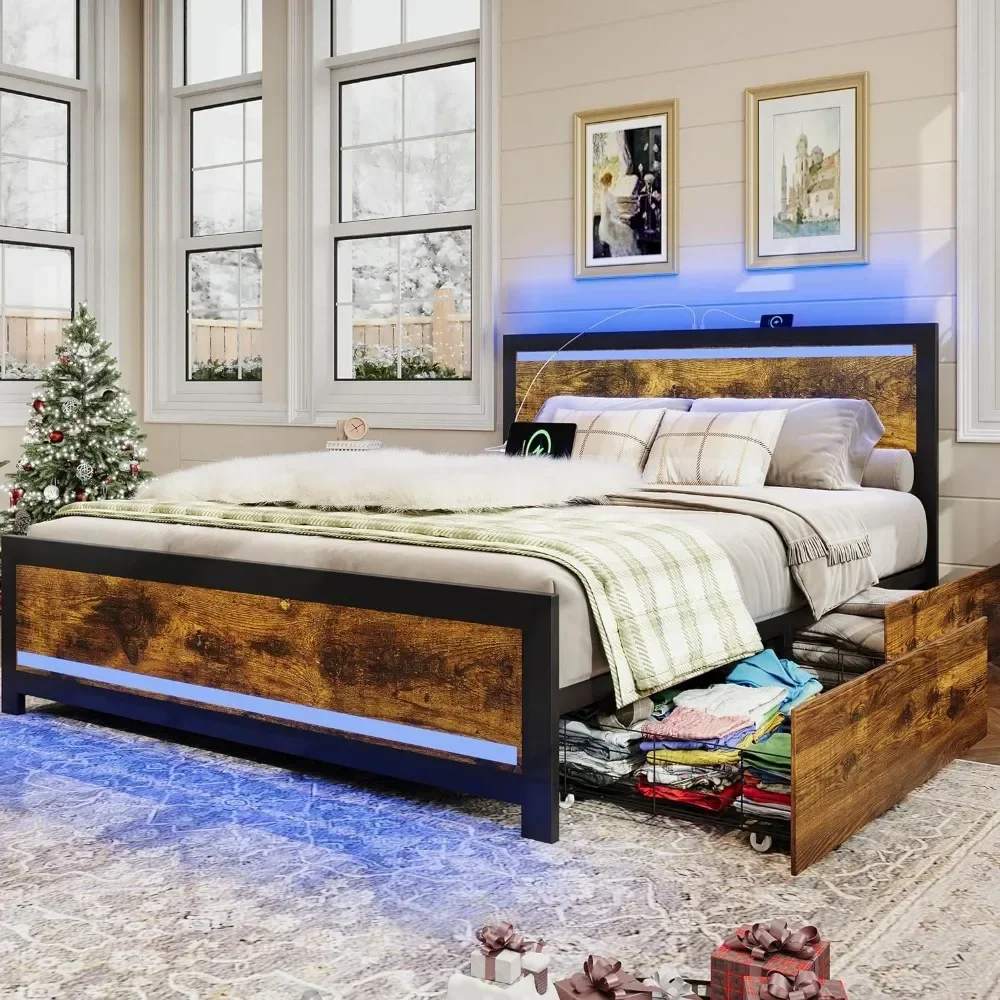 Queen Size Bed Frame with Storage Drawers, LED Queen Bed Frame with Headboard and Storage and USB Charging, Metal Platform Bed