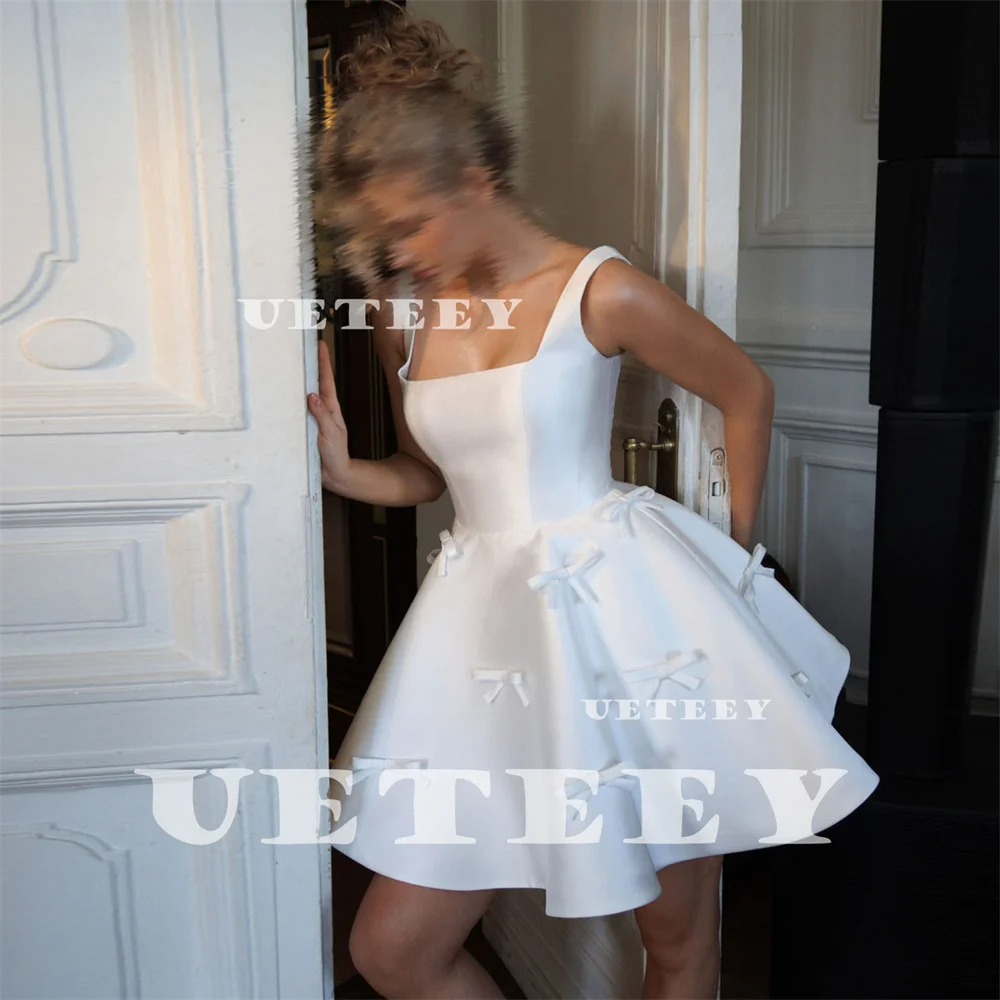 UETEEY Customized Simple Square Neck Bows Satin A Line Mini Wedding Dress Open Back Above Knee Bridal Gown Party Dress