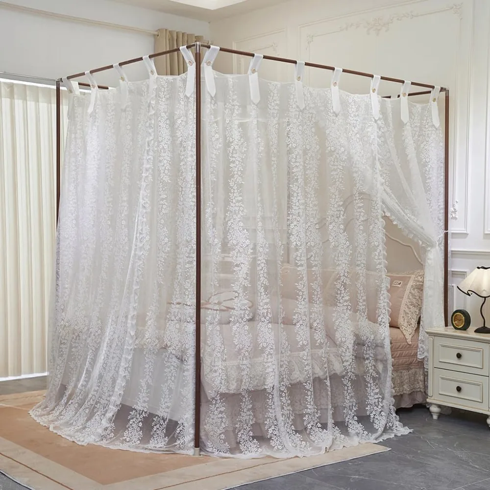 Elegant Floral Lace Princess 4 Corner Mosquito Net for Bed, Full Size, Romantic Canopy, White-9