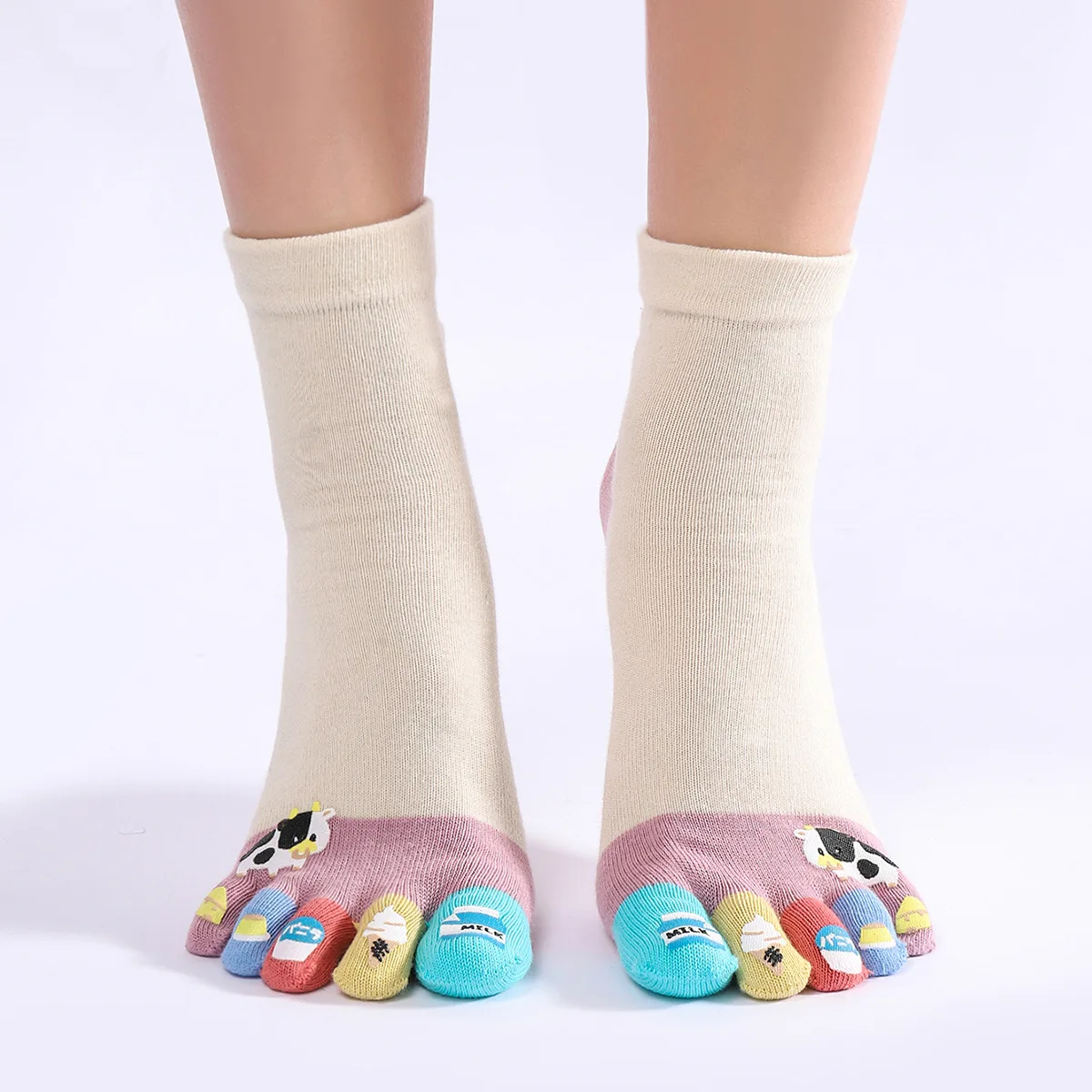5 Pairs Women's Five-finger Socks Sweat-absorbing Medium Tube Sub Toe Socks Breathable Cartoon Socks