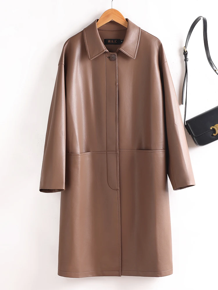   Manteau en cuir véritable Ning pour femme, mi-long, coupe ample, amincissant, en peau de mouton, coupe-vent, décontracté, vintage, personnalisé, en cuir ov...