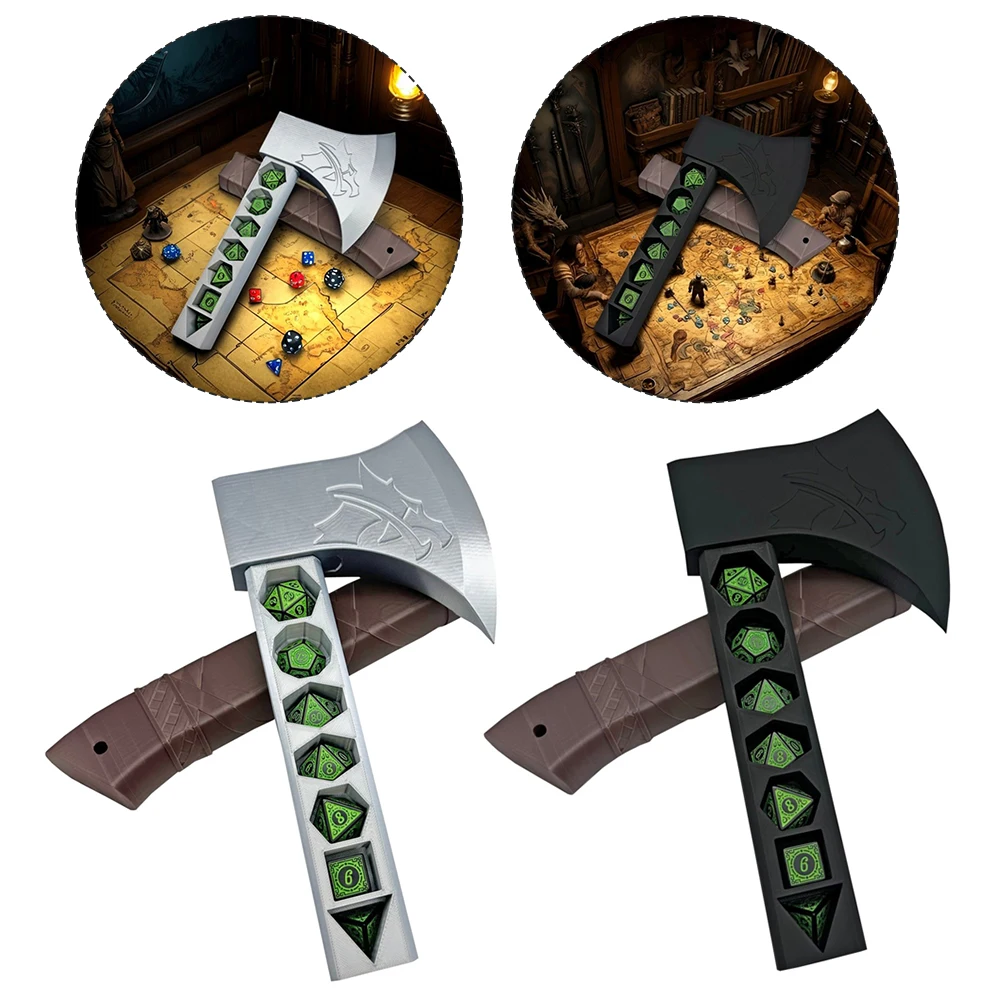 Axe-Würfelhalter mit zufällig gefärbten Würfeln, Fantasy-Würfel-Display-Ständer, Aufbewahrung und Cosplay-Requisite für Brettspiele und DnD