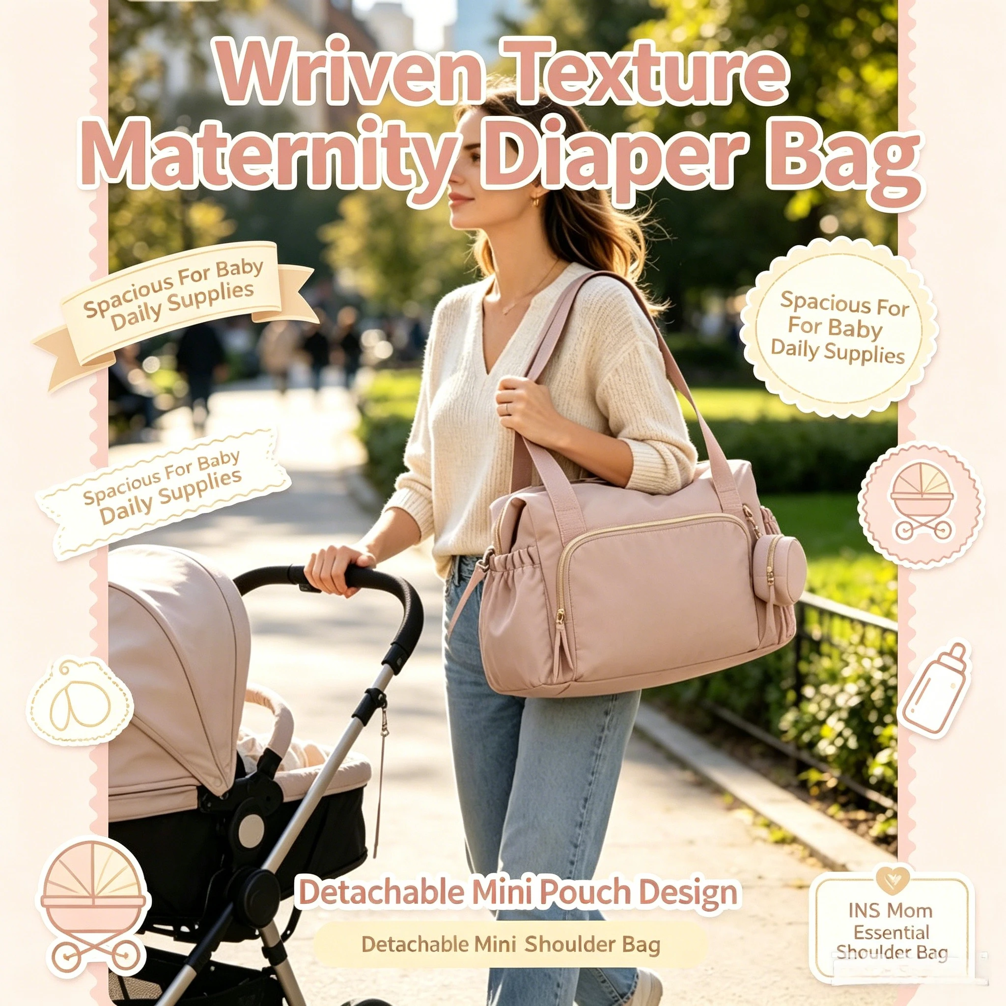 Korean Pink Mommy Diaper Bag, Large Capacity Baby Stroller Organizer Backpack with Insulated Pocket & Changing Pad for Travel