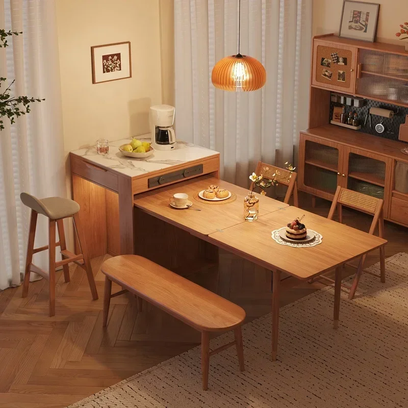 

#Kitchen Wooden Dining Table Set Multifunction Slate Island Extendable Dinner Table Combination Modern Folding Dining Tables