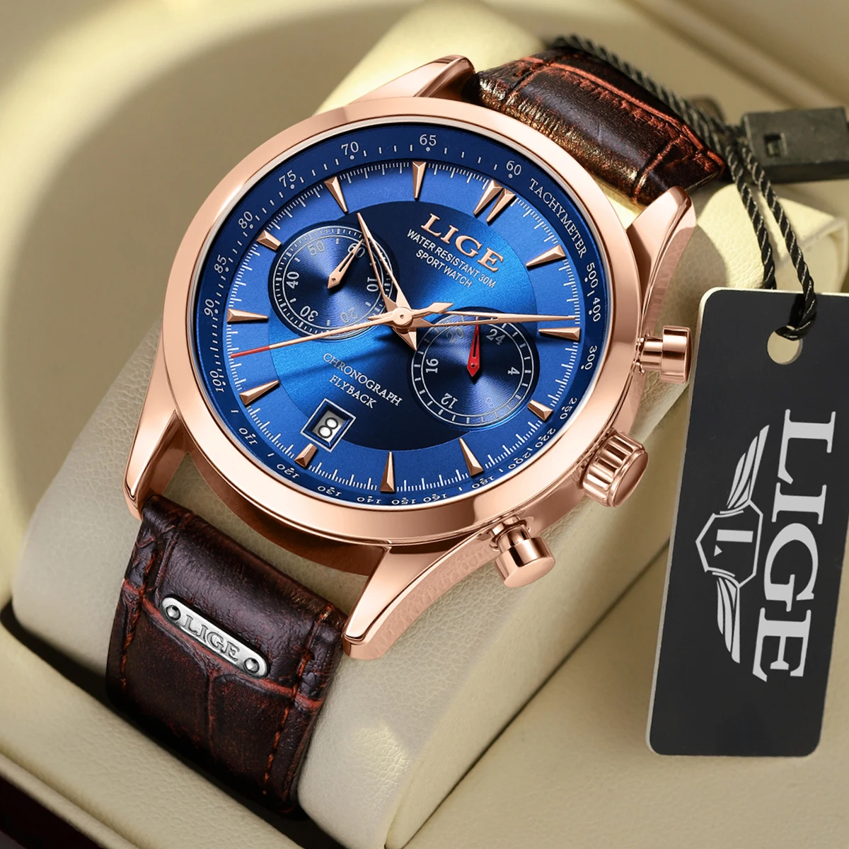 

LIGE 2023 Luxury Man Watch High Quality Waterproof Chronograph Luminous Men's Wristwatch Leather Men Quartz Watches Casual Clock