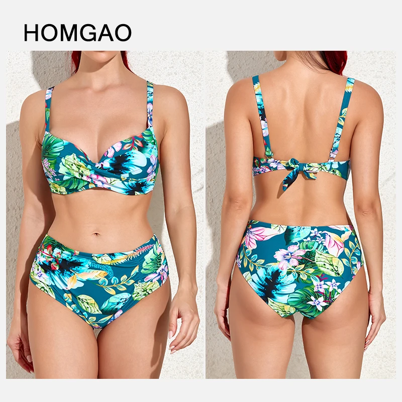 HOMGAO sexy 4xl grande maiô para as mulheres roupa de banho push up biquini cintura alta impressão retro feminino conjunto maiô praia