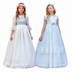 Elegant First Communion Gowns Flower Girls Dress Bow Formal Gowns Tulle Kids Birthday Party Wedding Dresses Ariety of Styles