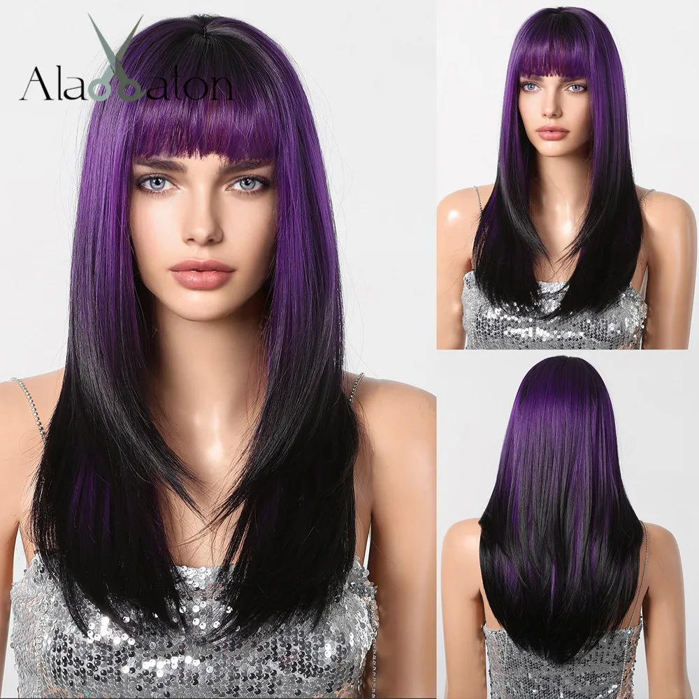 ALAN EATON Long Layered Wigs with Bangs Purple to Black Straight Wig Synthetic Colorful Party Cosplay Wig Heat Resistant Hair