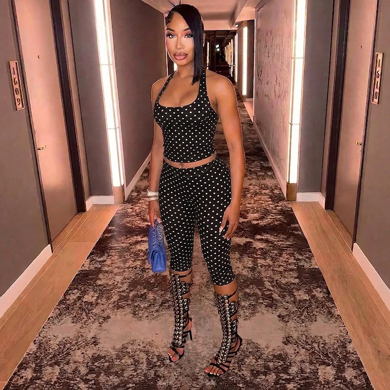 

Slim 2 Piece Set Polka Dots Printed Women Square Neck Lace Up Halter Backless Tanks Top + High Waist Skinny Calf Length pants