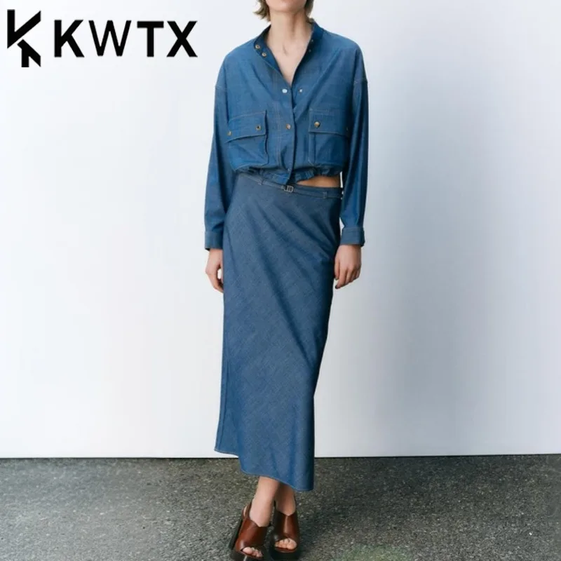 

KWTX 2025 Spring Summer Women’s Denim Blue Coord Set Pilot Jacket & Belted Midi Skirt Trendy Chic Premium Streetwear