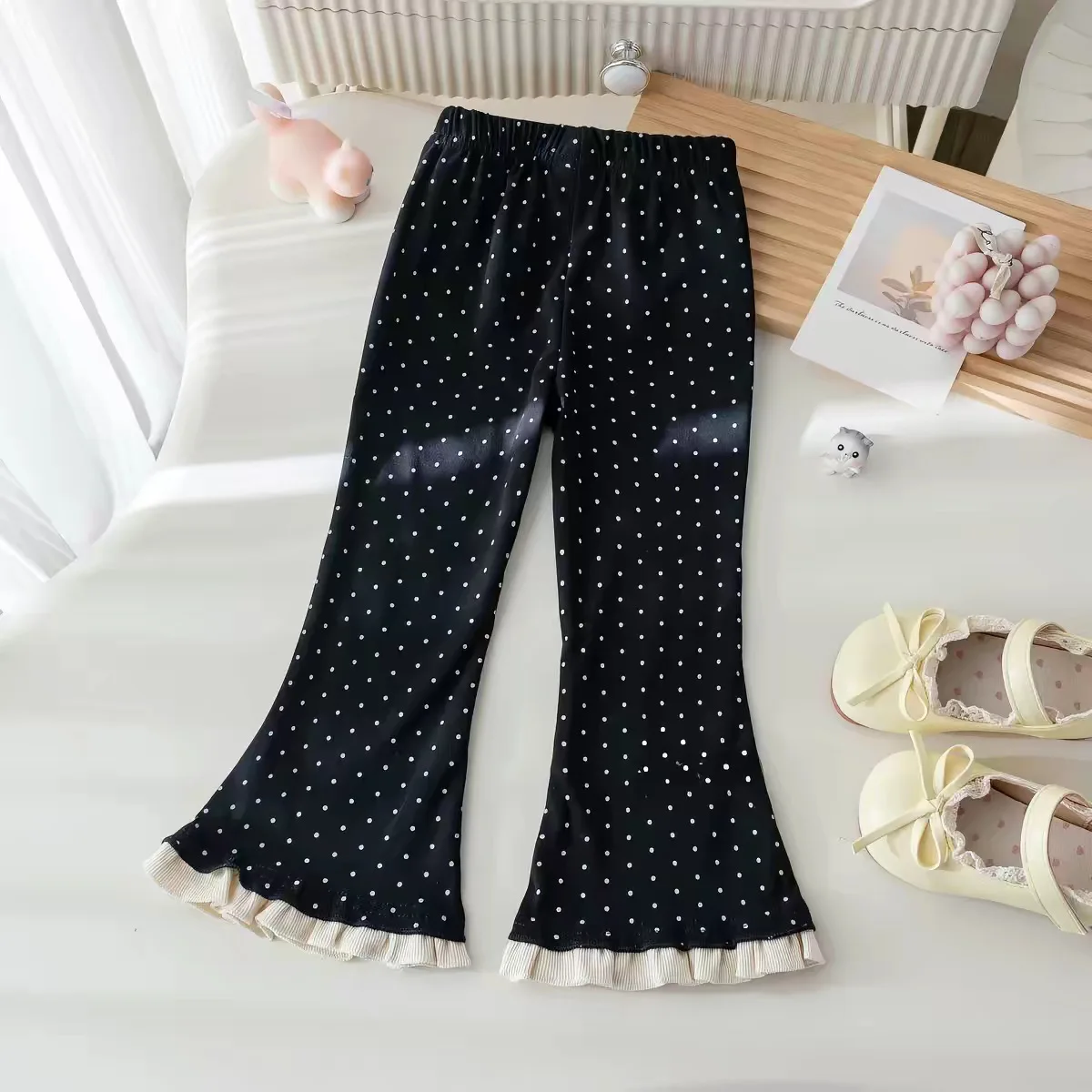 Spring Autumn Girl Causal Pants Fashion Girl Baby Personality Lace Bowknot Polka Dot Elastic Waist Bell-bottoms