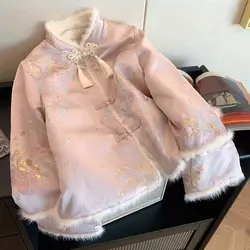 New Spring Autumn Women Vintage Floral Tang Suit Jacket Female Winter Fleece Coat Warm Cotton Clothes Embroider Cheongsam Jacket