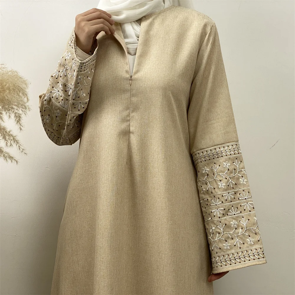 Abaya-Robe longue en lin à manches brodées pour femmes musulmanes, kimono de Dubaï et de Turquie, vêtements du Ramadan Islam, robe caftan de luxe