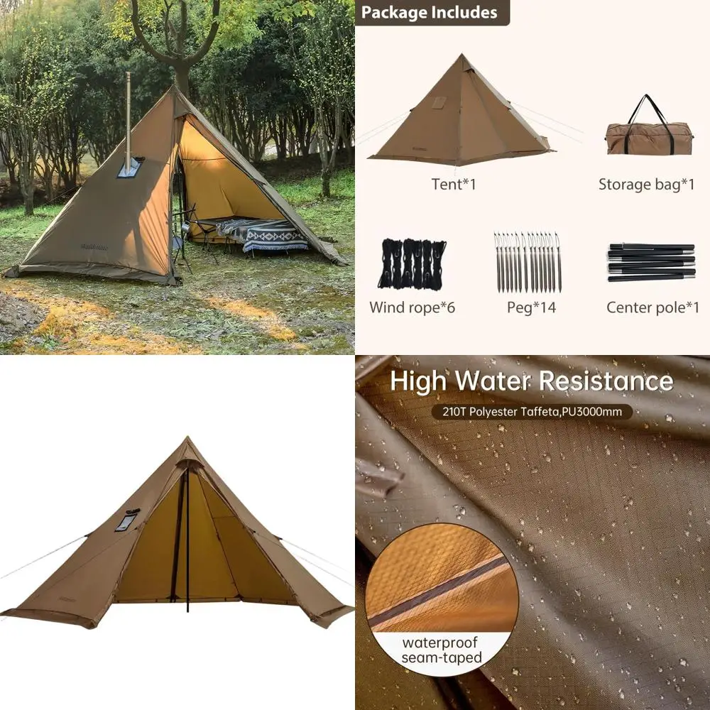 

Семейная палатка-типи с отверстием для печи, высота 2,08-2,60 м, вместимость 2-5 человек, для походов, рыбалки, охоты.