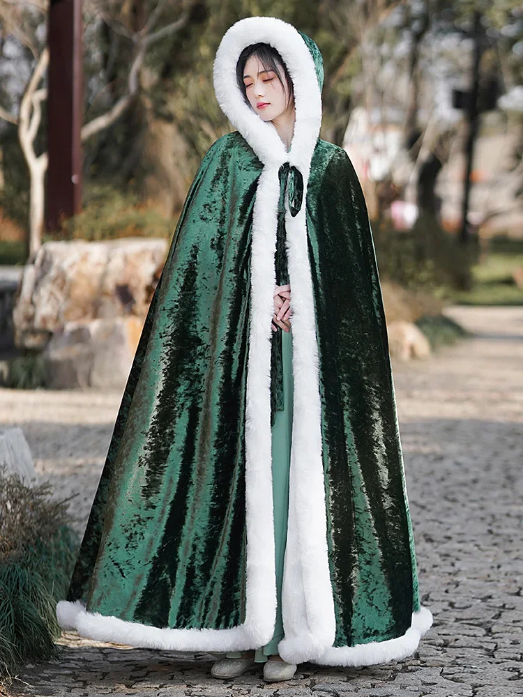 Green cloak Hanfu women's autumn and winter long plush thickened warm ancient cloak hooded fur collar ancient shawl