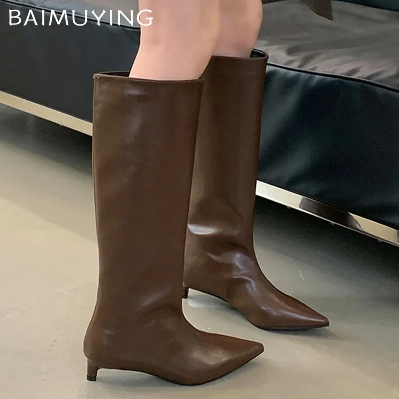 

Pointed Toe Women High Boots Fashion Leather Mid Heels Shoes New Brand 2025 Trend Winter Knee High Motorcycle Botas De Mujer