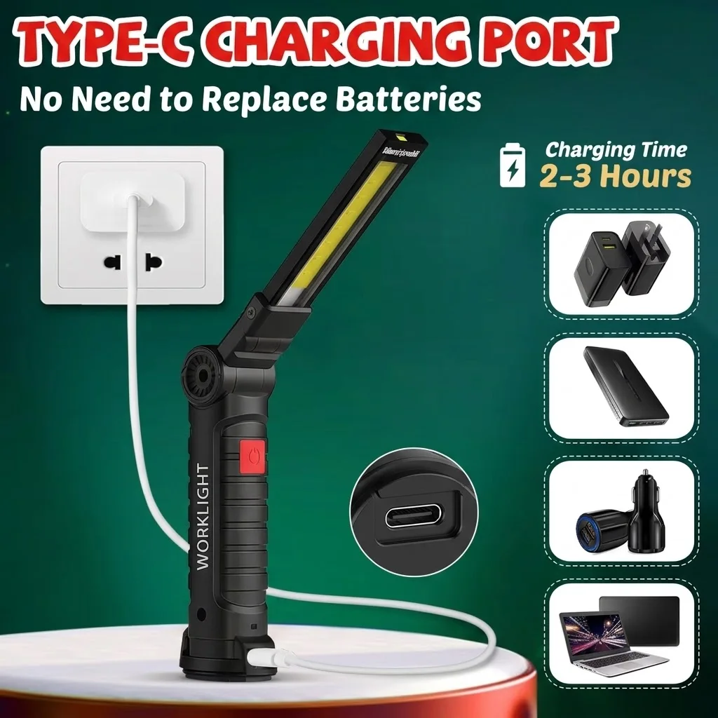 Rechargeable LED COB Work Light USB Magnetic Inspection Torch with Hook Dimmable Flashlight 18650 Battery Repair Camping Lantern