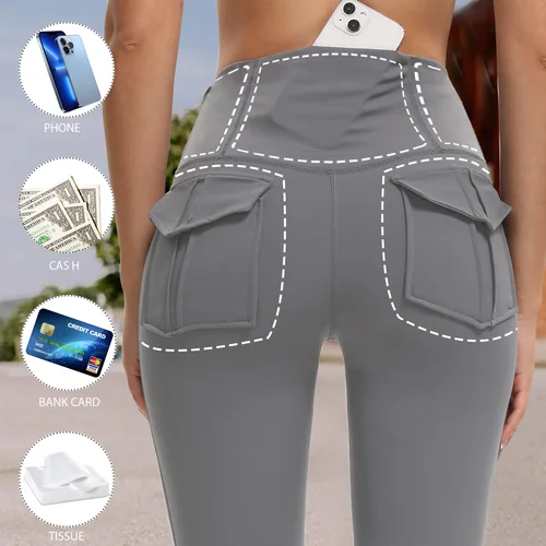 Imagen 2 del producto Pantalones de yoga acampanados de talle alto para mujer con bolsillos Leggings con corte de bota con control de barriga para gimnasio Fitness Ropa casual