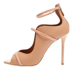 Waving Shape Three Strappy Nude Woman Pumps Elegant Thin Heels Celebrity Popular Shallow Pumps Zipper Woman Wedding Dress Shoes