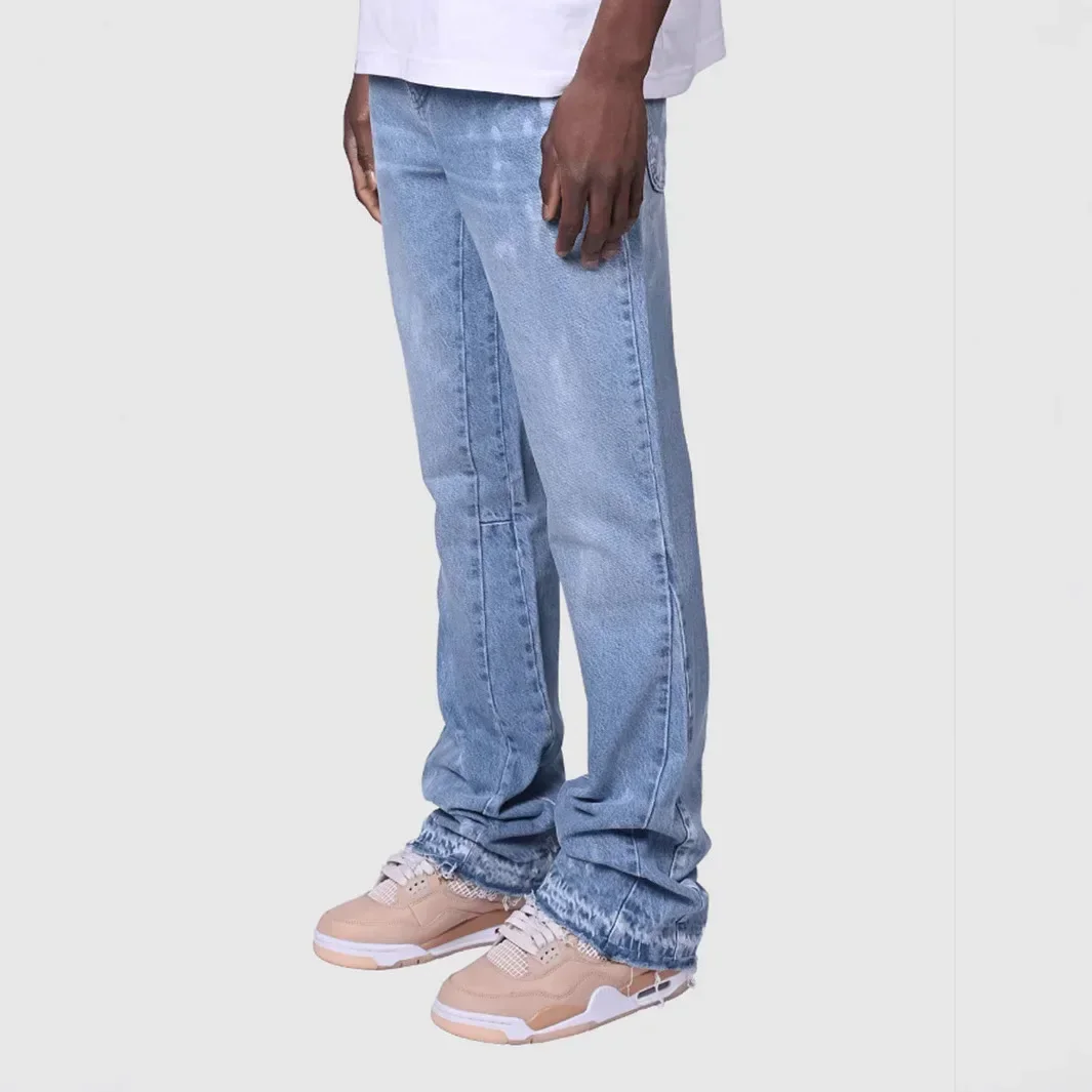 Jeans Men Vintage Straight Pants Mid Waist Stretch Distressed Washed Pockets Button Basics Trousers Streetwear Denims