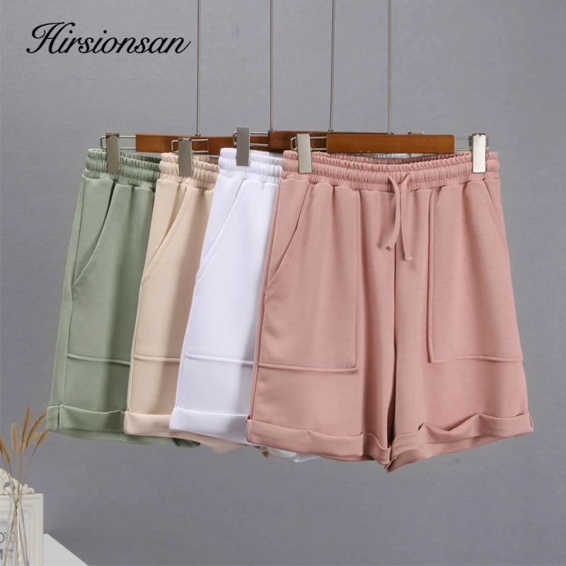 Hirsionsan Soft Cotton Sets Women 2023 New Casual Two Pieces Long Sleeve Sweatshirt & High Waist Shorts Solid Outfits Tracksuit