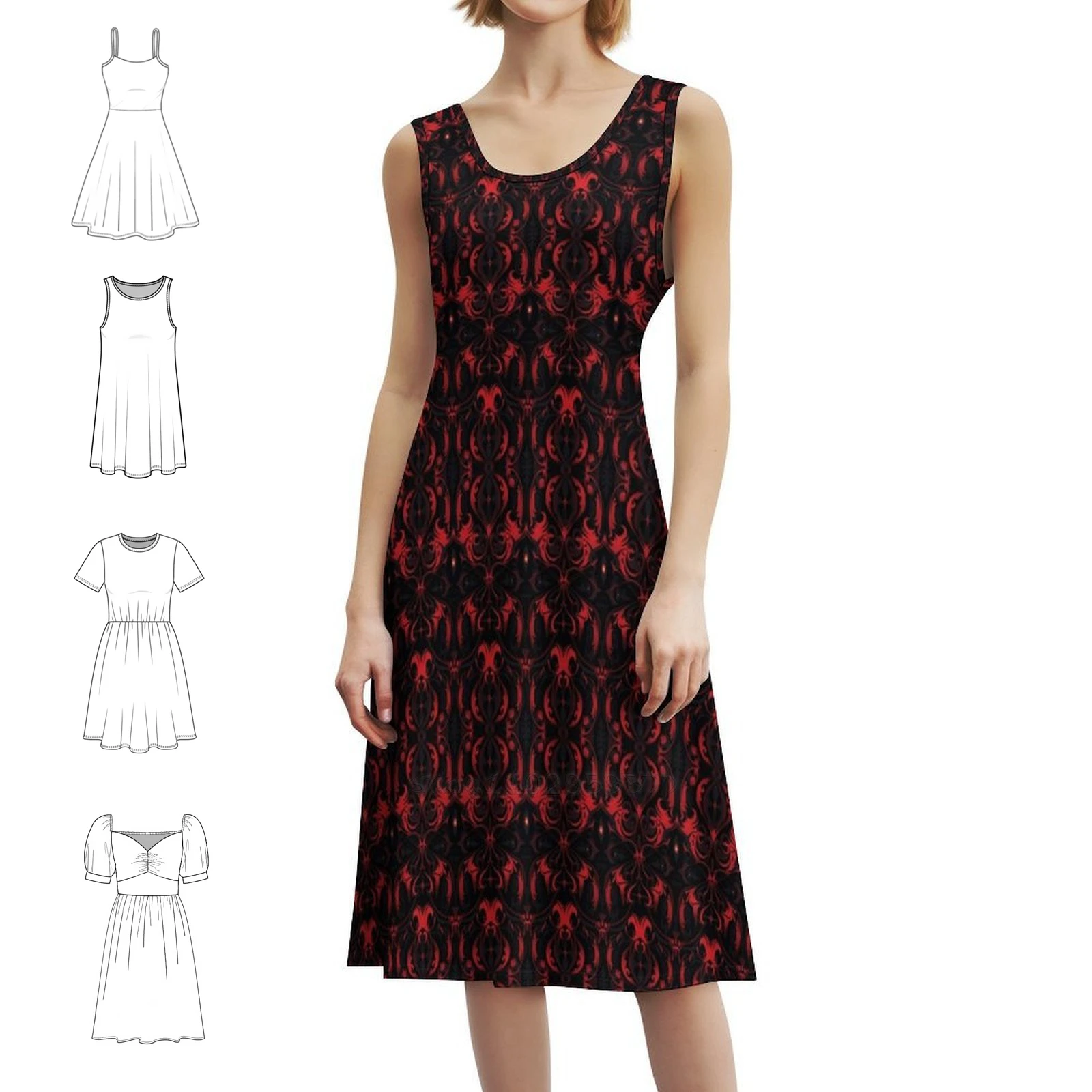 فستان بوهيمي عتيق بتصميم بلاط من القرون الوسطى باللونين الأحمر والأسود بأكمام منتفخة أو خيارات بدون أكمام للنساء فستان قوطي