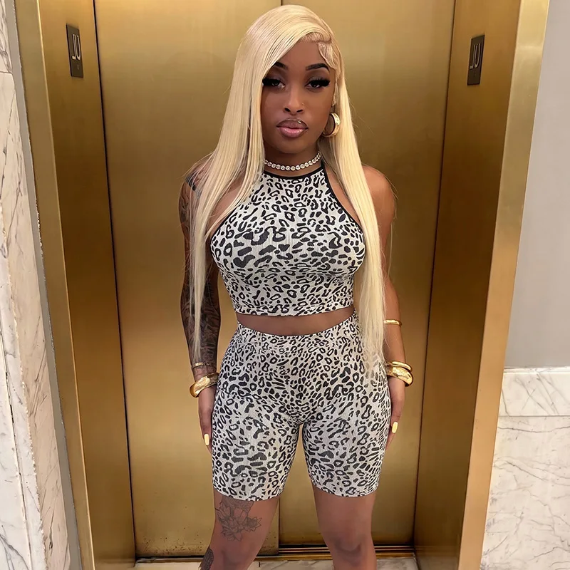 

Skinny Ribbed Leopard Print 2 Piece Set Women Trend Sexy Camis Crop Tops + High Waist Shorts Casual Streetwear Suits Clubwear