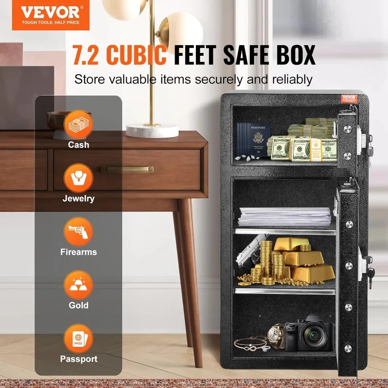 VEVOR Double Doors 7.2 cu.ft Safe Box with Key Lock & Password, Safe Lock Box with Fireproof Bag, Key Rack, LED Light