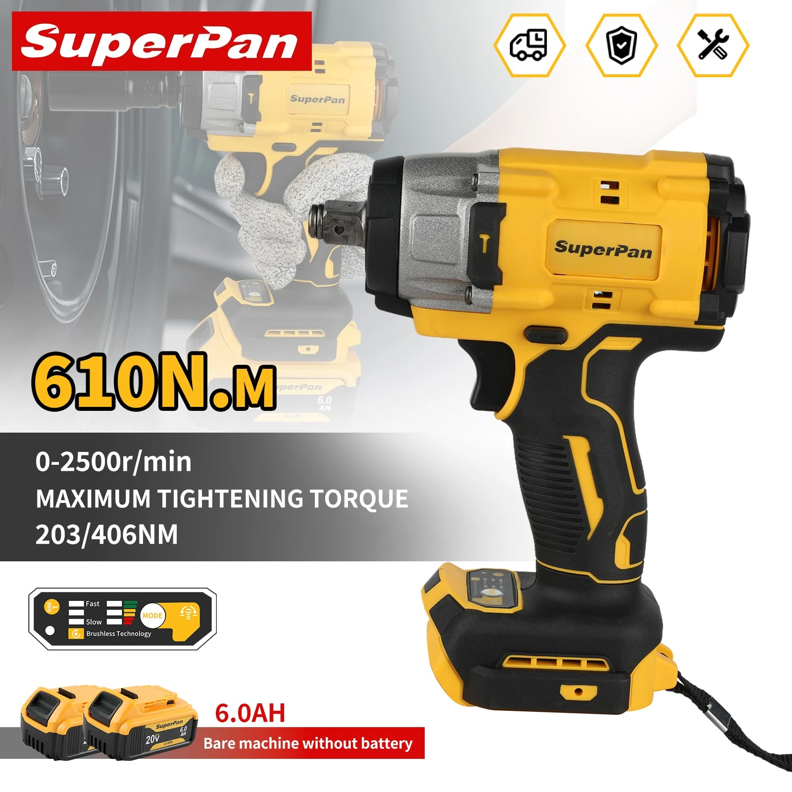 

Аккумуляторный электрический гайковерт SuperPan SP922 для авторемонтных мастерских, совместимый с аккумуляторами DeWalt 20V