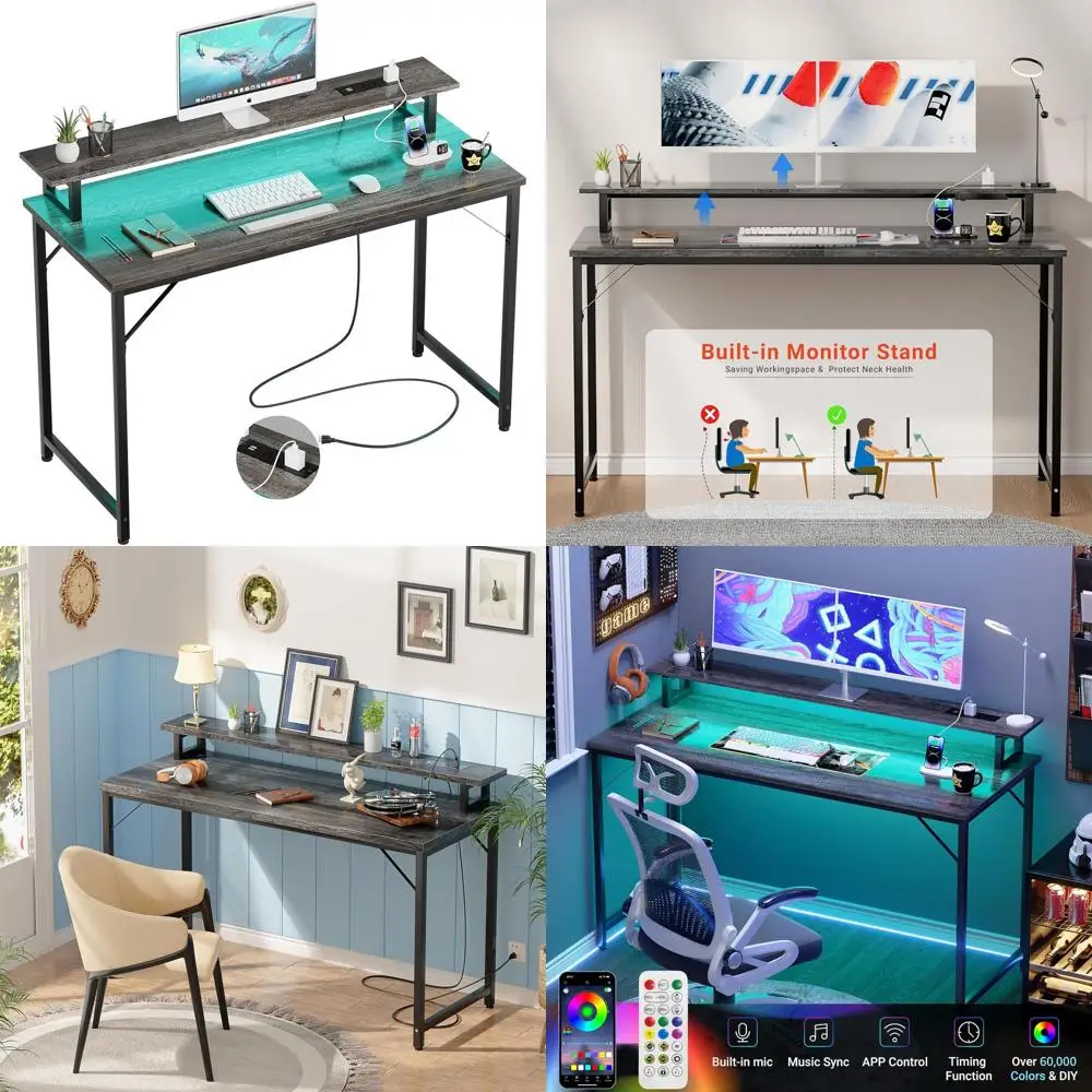 

47 игровых столов со светодиодной подсветкой, черный дуб, современный стол для домашнего офиса с полкой для монитора и розетками для небольших помещений