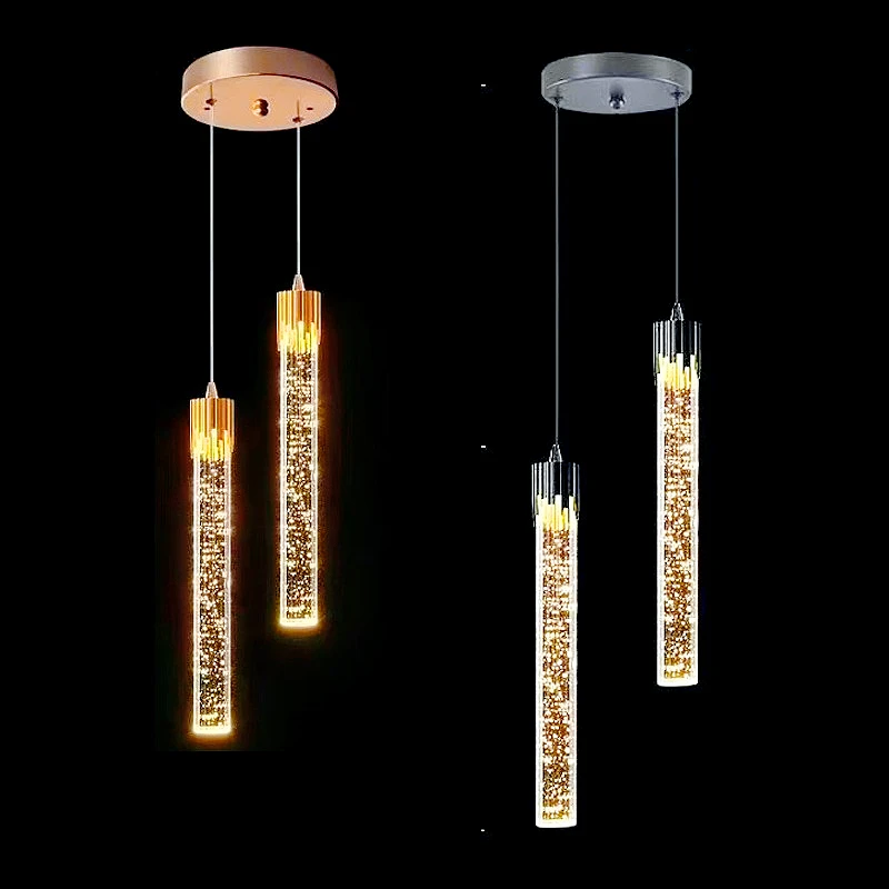 Double Head Crystal Chandelier, Modern Glam Glow Bubble Long Tube Pendant Lamp for Dining Room Kitchen Island Bedside Bathroom