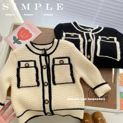 2023 Winter Toddler Girls Contrast Knitted Sweater Jackets Kids Clothes Spring Baby Girl Fashion Knitwear Children Cardigan Tops