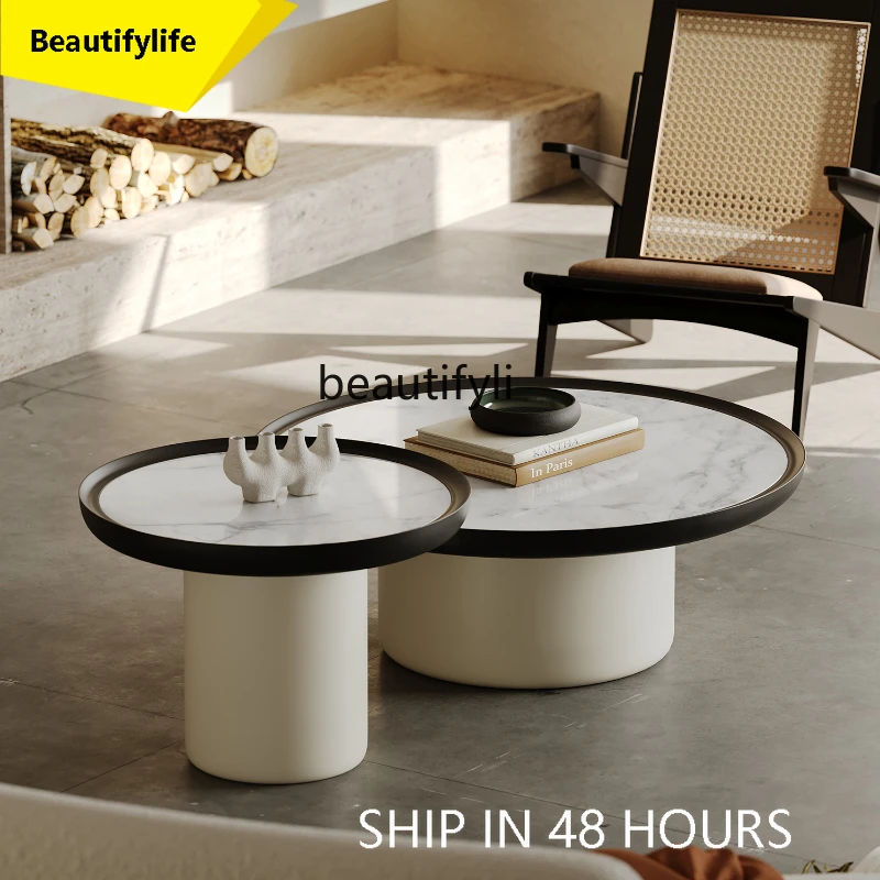 

a38 Italian Minimalist Size round Coffee Table Cream Style High-Grade Color Matching Marble Home Living Room