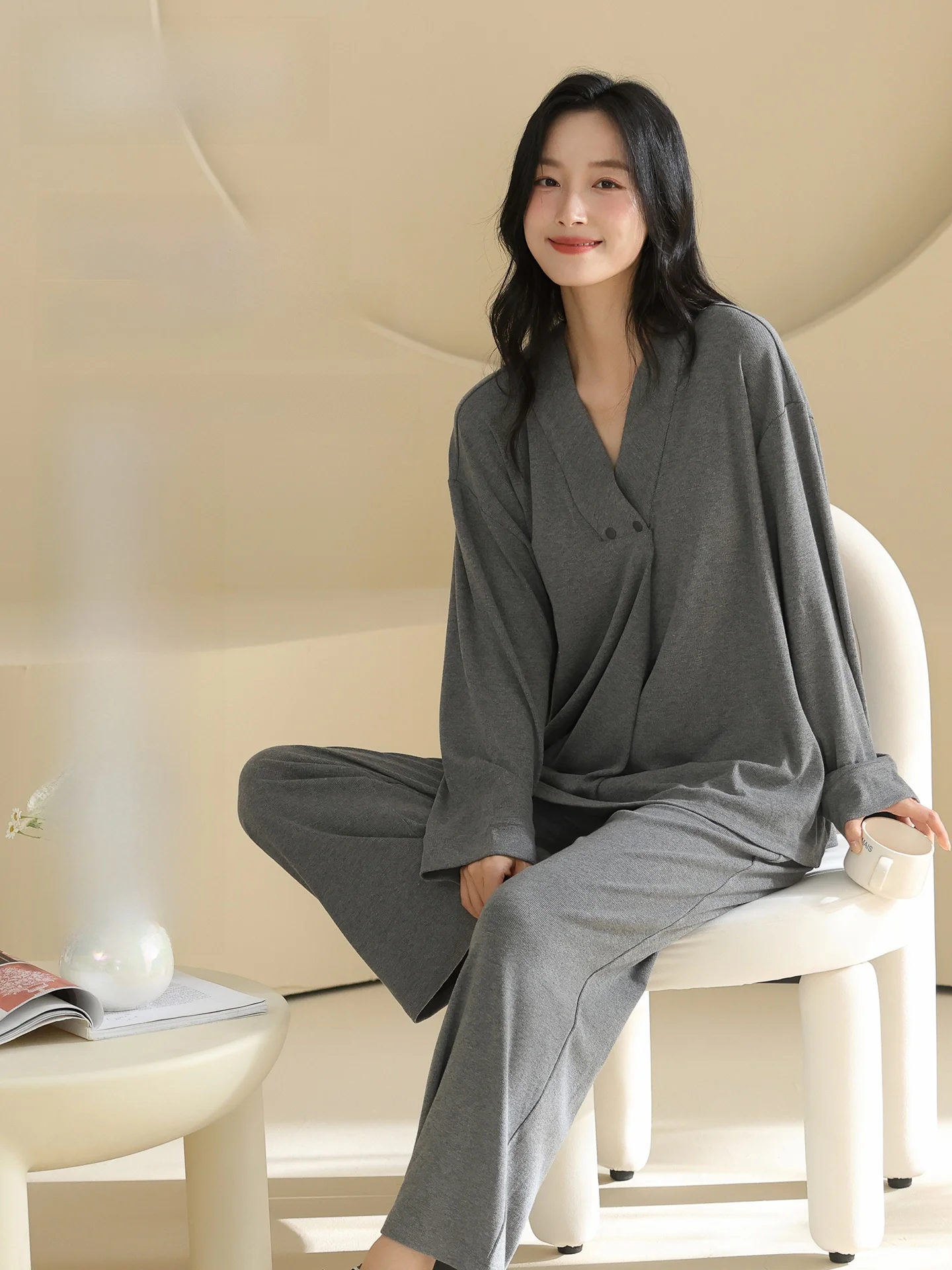 breathable-summer-thin-long-sleeve-maternity-nightgown-feeding-nursing-home-clothes-with-chest-pad-women's-home-clothes